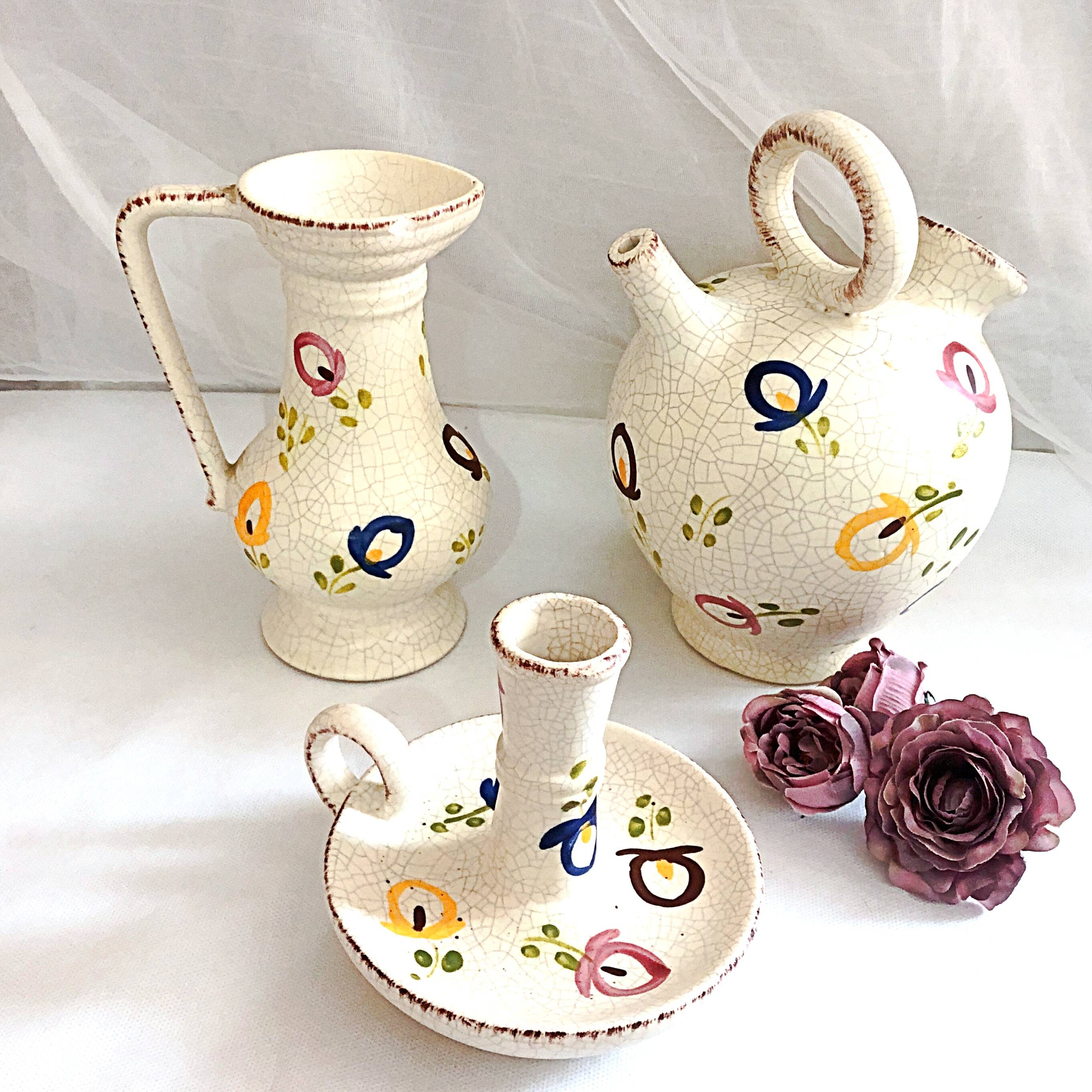 Carafe, gargoulette and candlestick artisanal pottery by Angèle de Poët-Laval