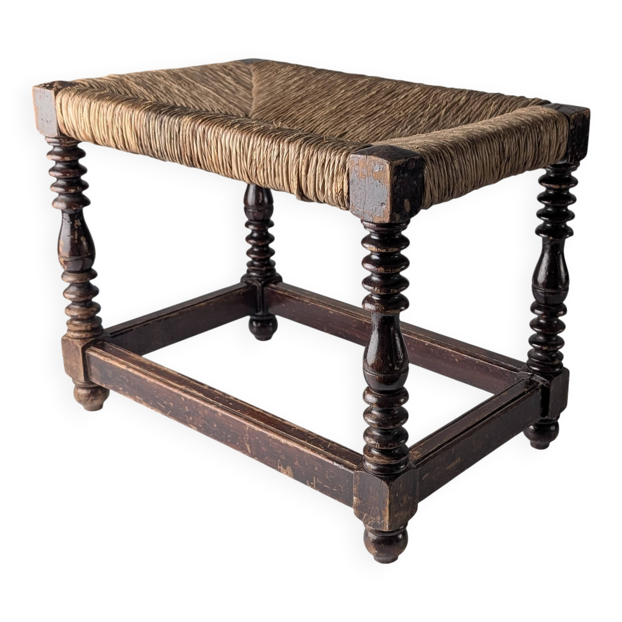 Traditional Spanish rush bench with turned legs, 1940s