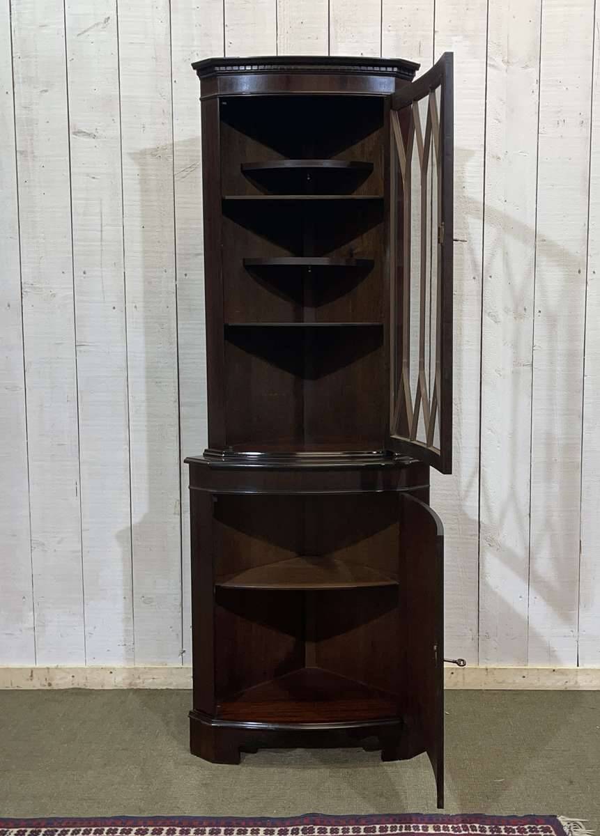 1950s English mahogany corner cabinet