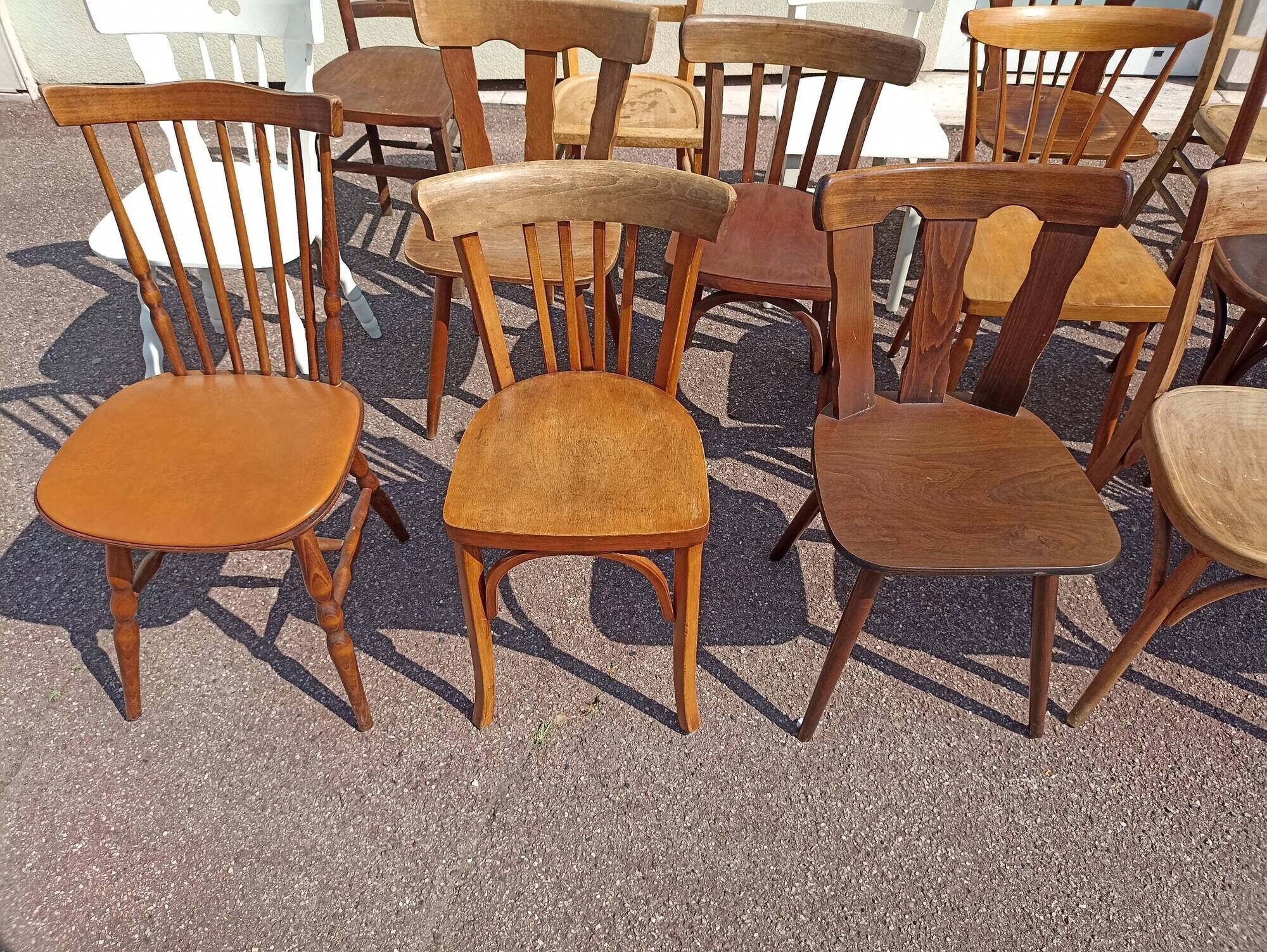 Set of 18 mismatched wooden bistro chairs - vintage