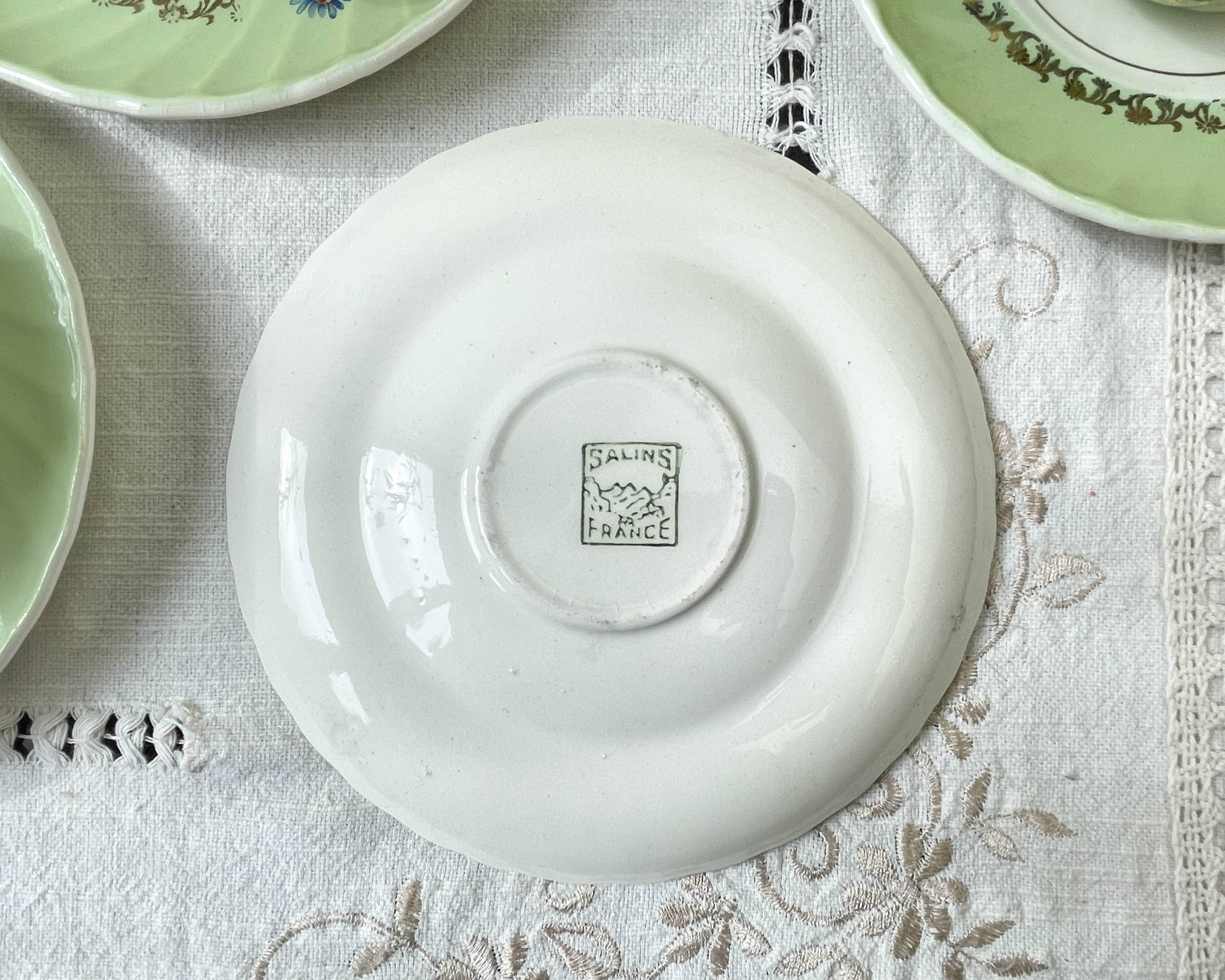 Vintage tea/coffee set in white, green and gold porcelain by SALINS, made in France