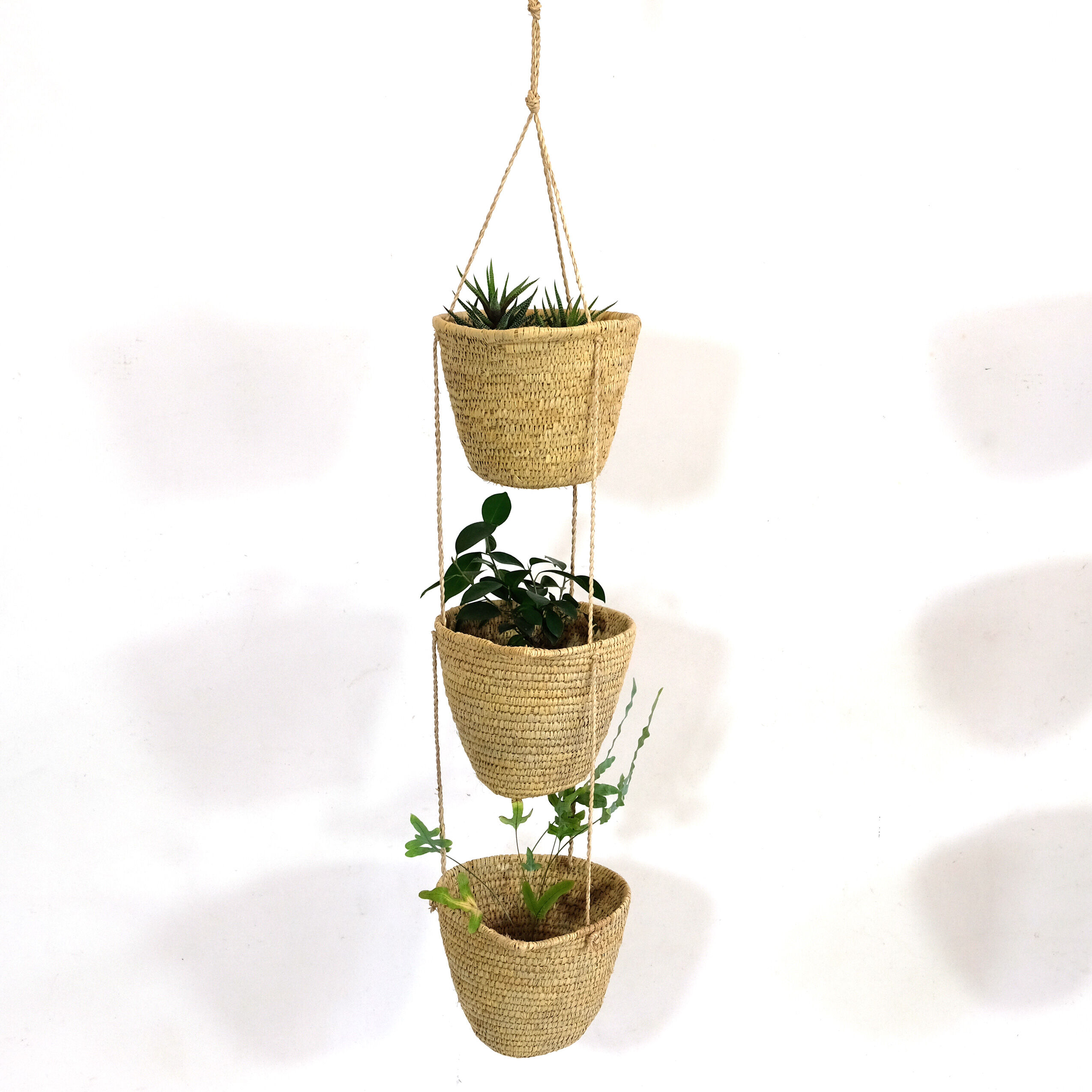 Hanging baskets made of natural fiber