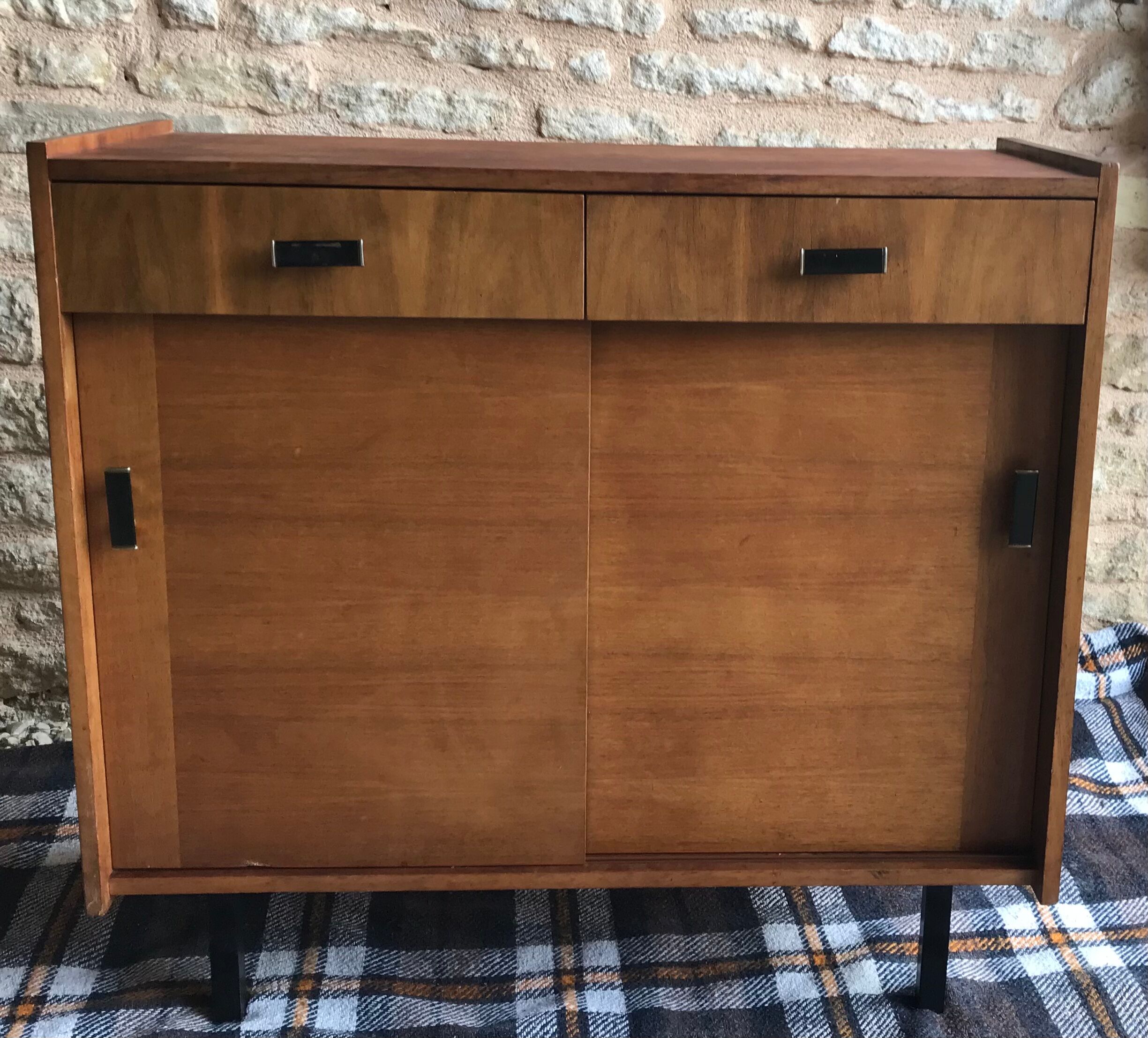 Vintage storage cabinet sideboard two sliding doors two drawers