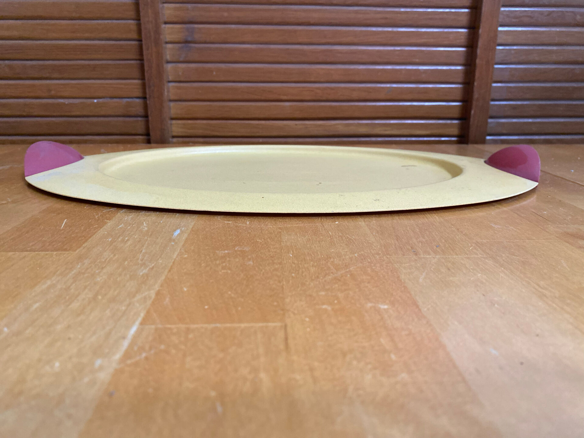 Vintage Yellow Lacquered Metal Tray with Red Plastic Handles