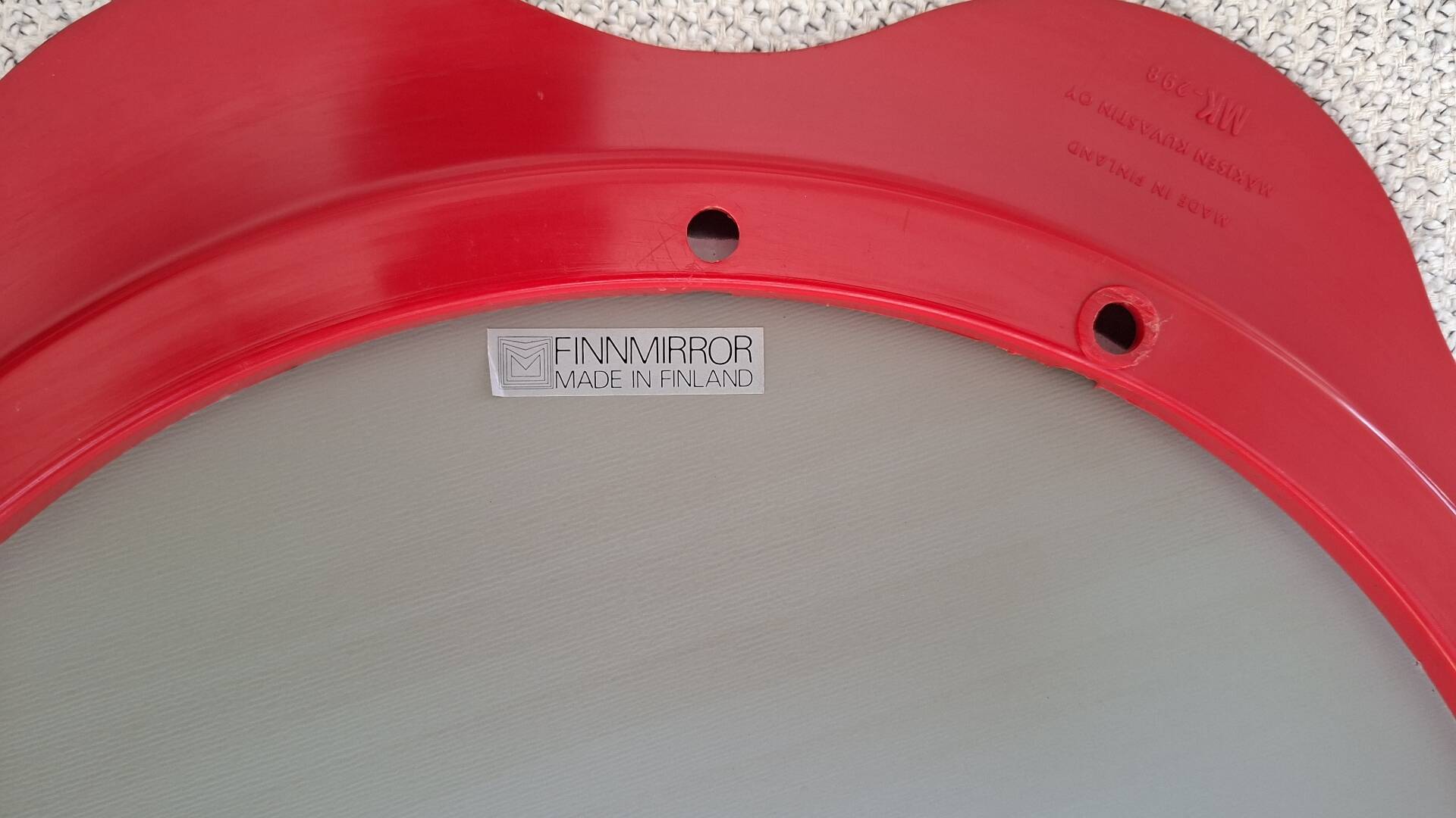 Round wall mirror 53 cm red/white vintage 1960s/70s