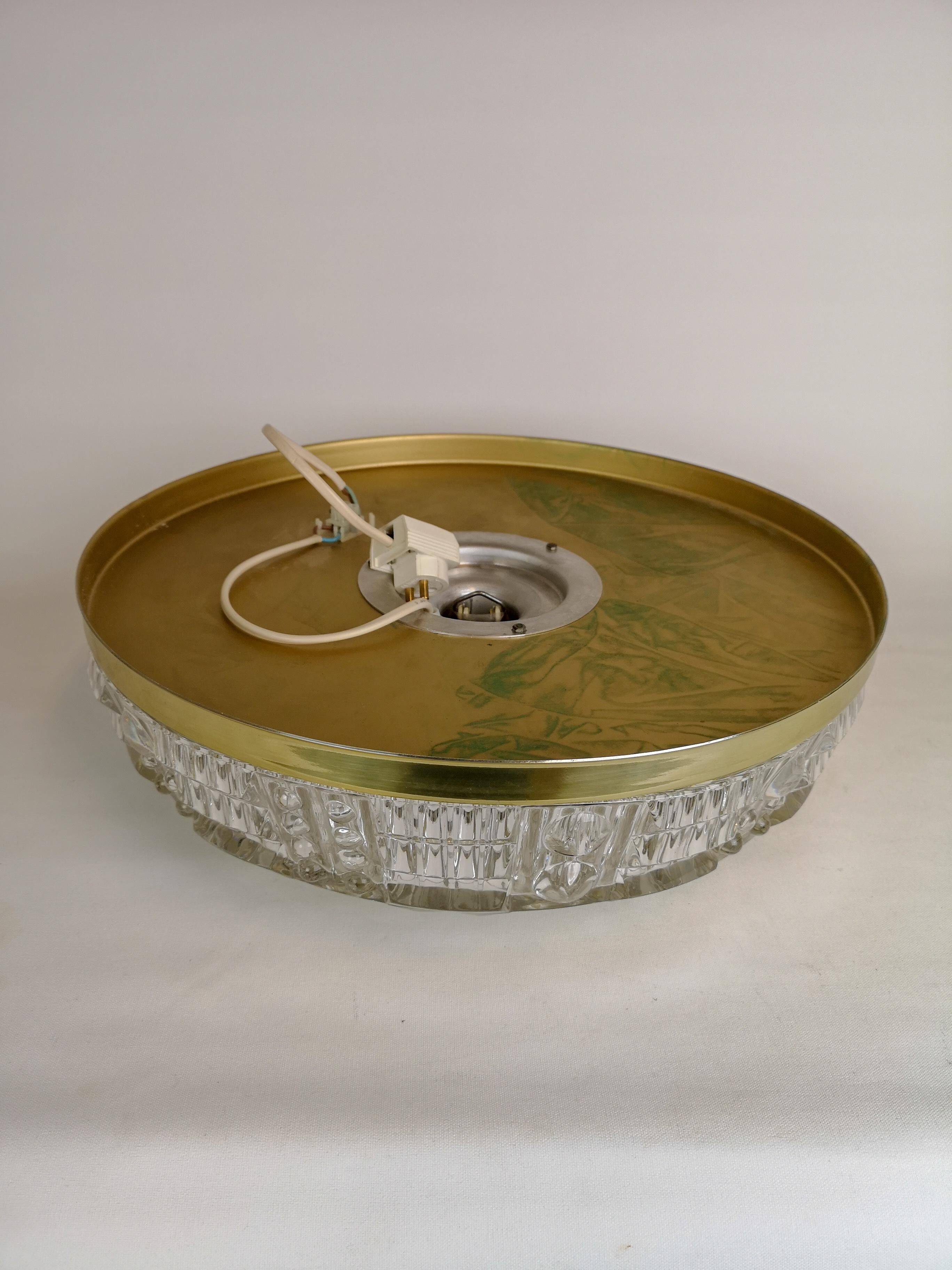 Midcentury crystal and brass ceiling lamp by Orrefors, Carl Fagerlund, 1970s, Sweden.