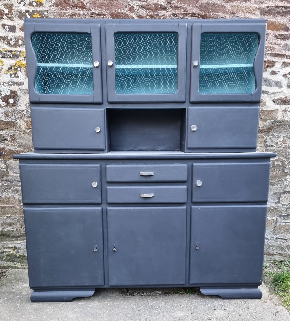 Vintage Mado sideboard, grey restyled, blue interior, 50s