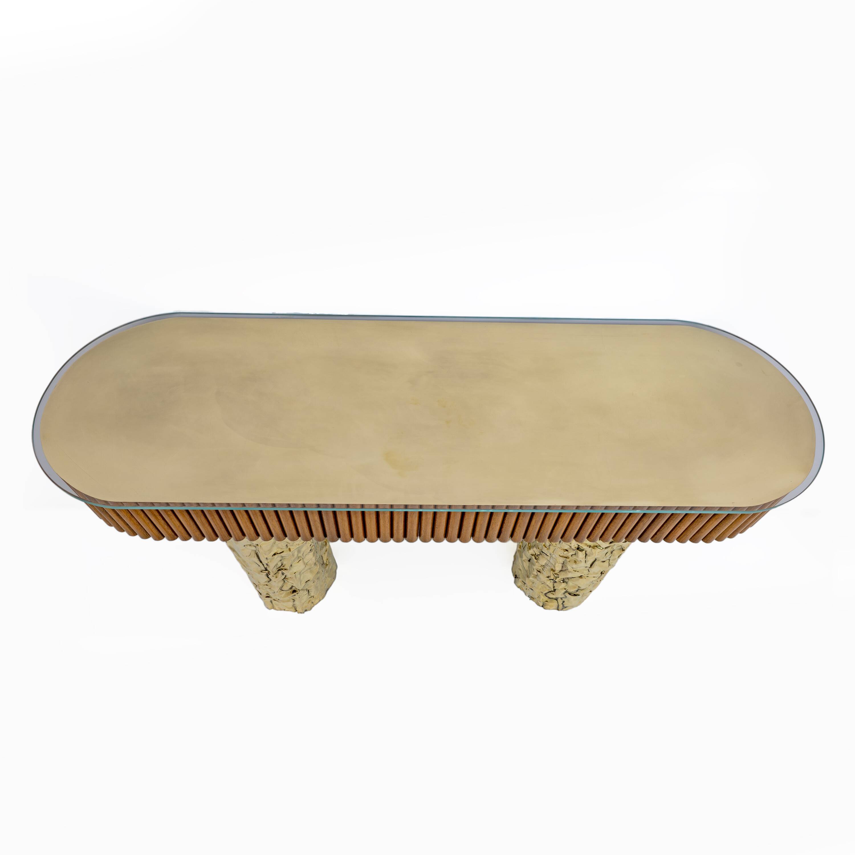 Mid-Century Style Wood and Brass Center Console, Italy, 1990s