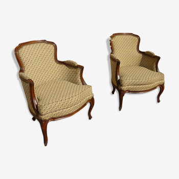 Bergère armchair in walnut and upholstered fabrics, set of 2