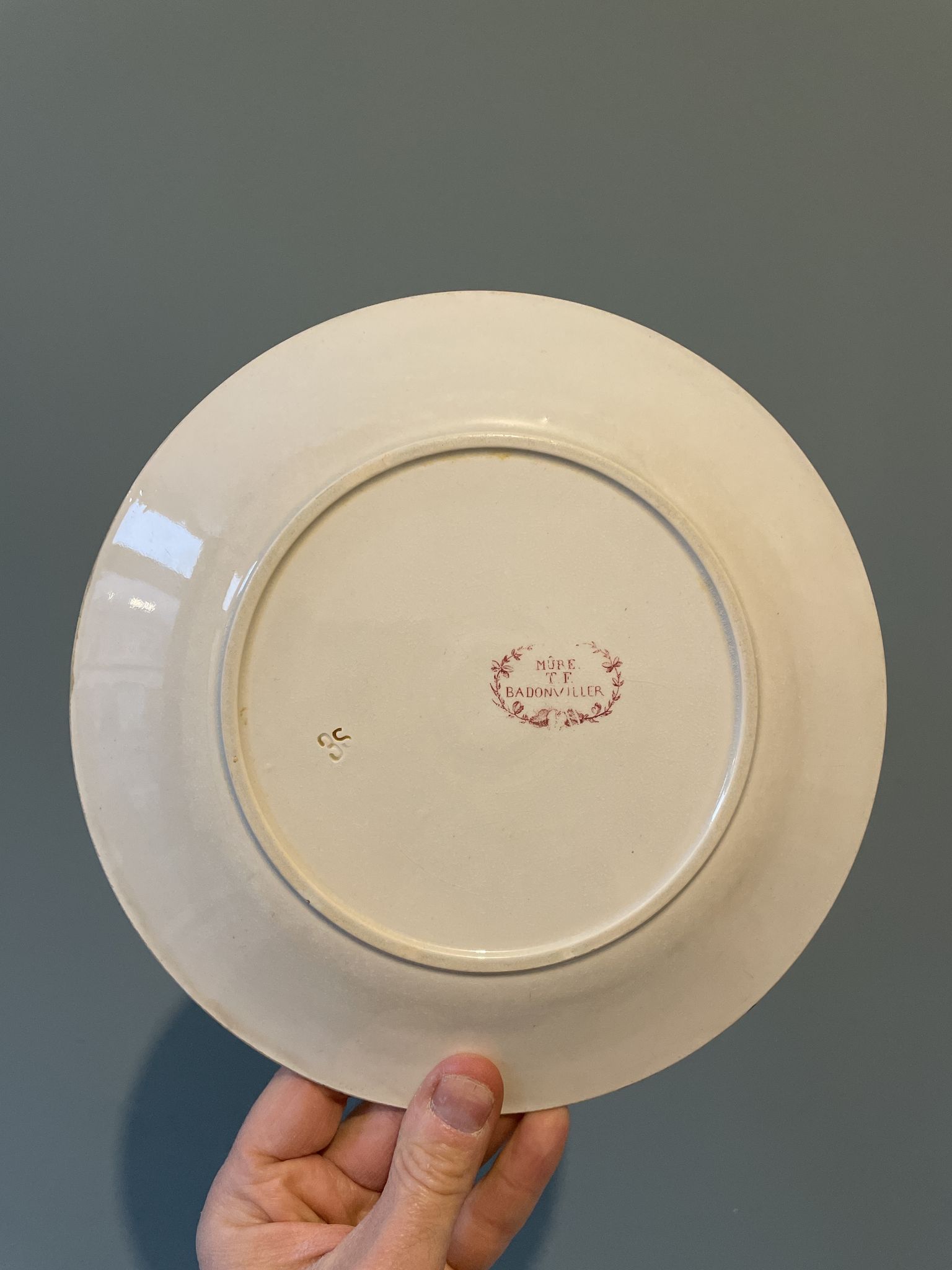 Set of 4 old flat plates Terre de Fer, earthenware of Badonviller