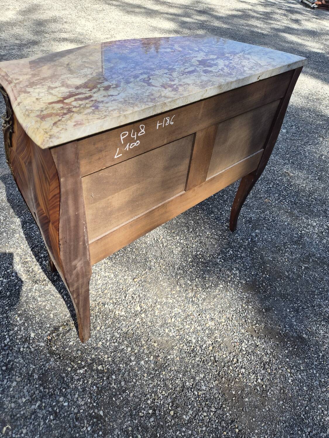 Louis XV style jump commode with marquetry and marble decoration.