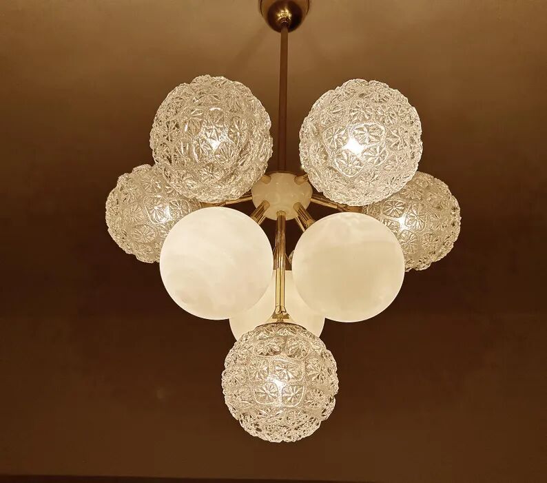 Mid Century Italian Glass & Brass Pendant Light