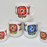 Three mugs and two cups decoration flowers design Jean-Charles Meunier 70s