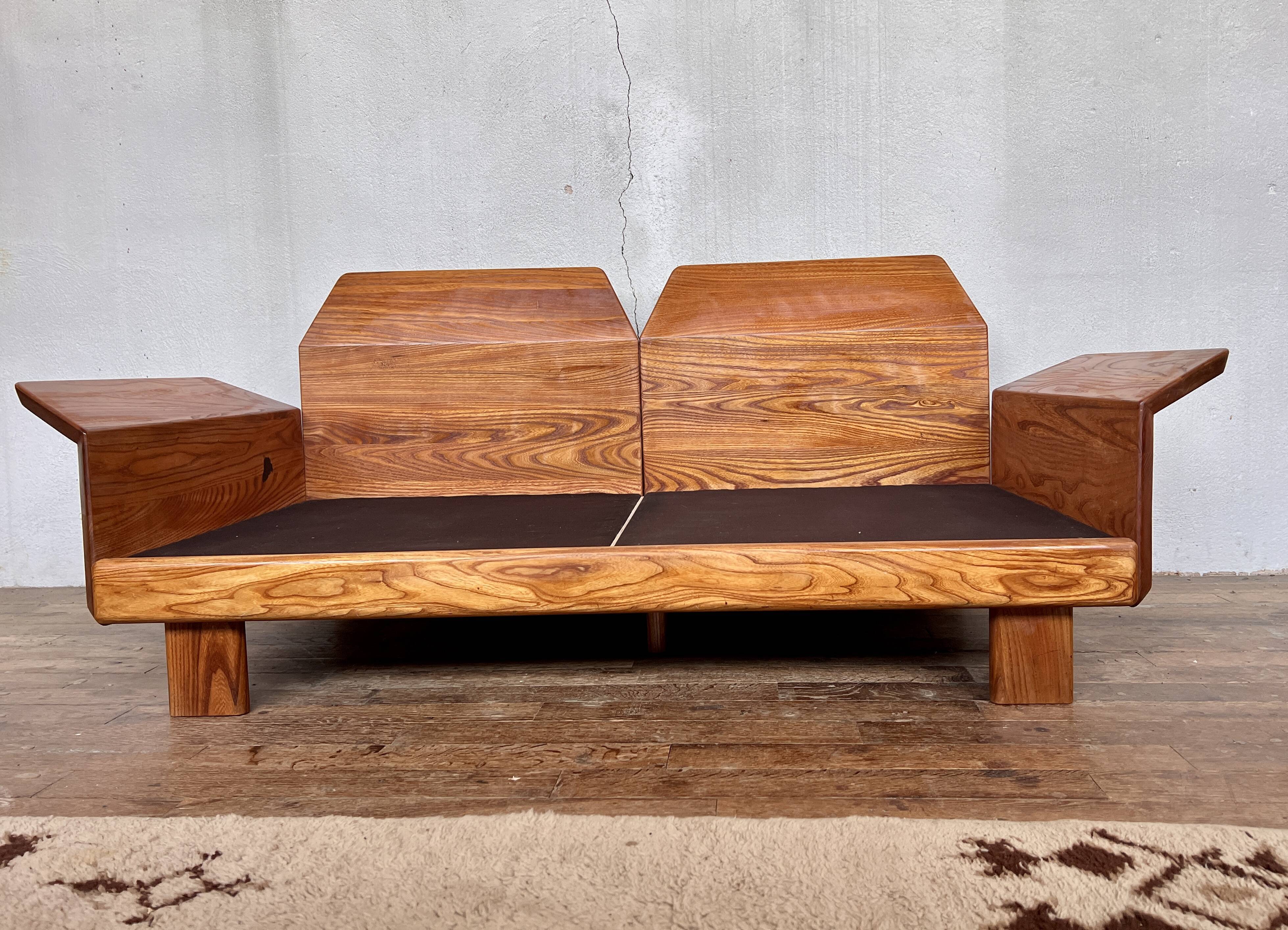 Canape seltz elm and leather design 1960