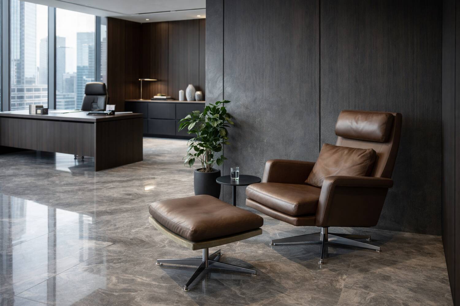 Vintage Mid-Century Danish Modern Brown Leather Swivel Chair and Ottoman