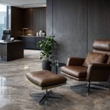 Vintage Mid-Century Danish Modern Brown Leather Swivel Chair and Ottoman