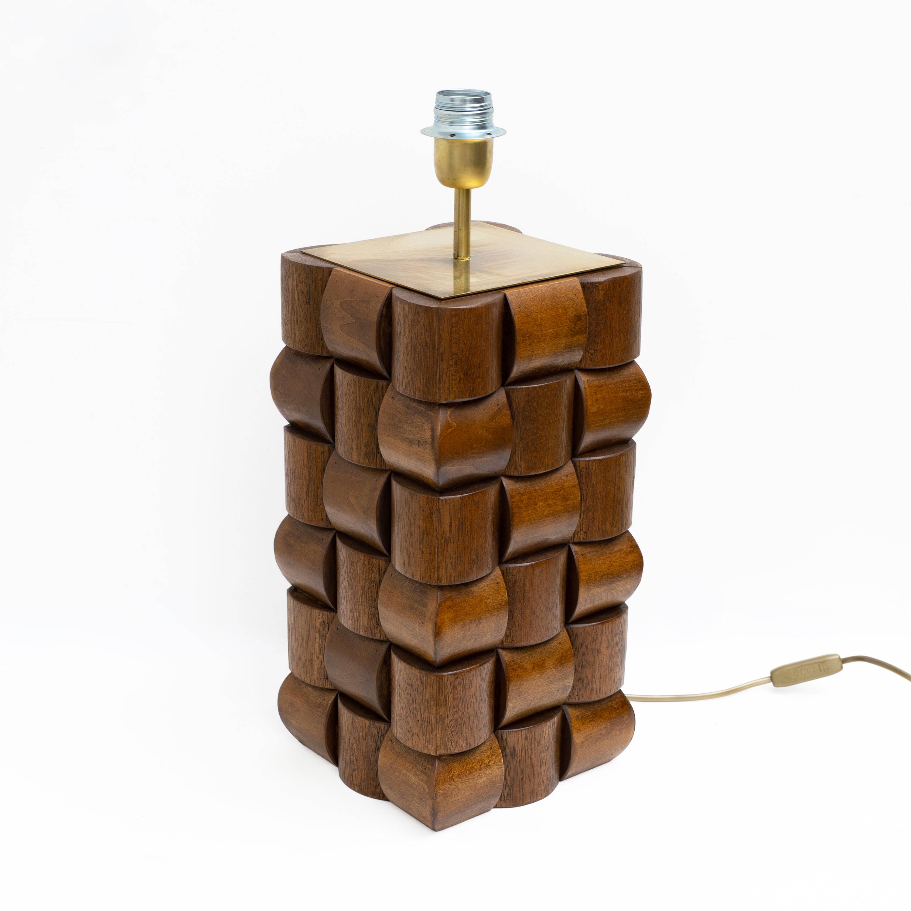 Pair of Sculptural Teak and Brass Table Lamps, Italy