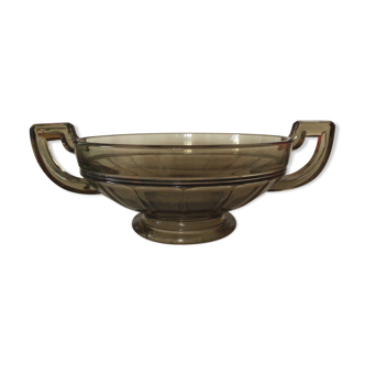 Coupe à fruits vide poche sur pied art deco verre fume marron translucide anses