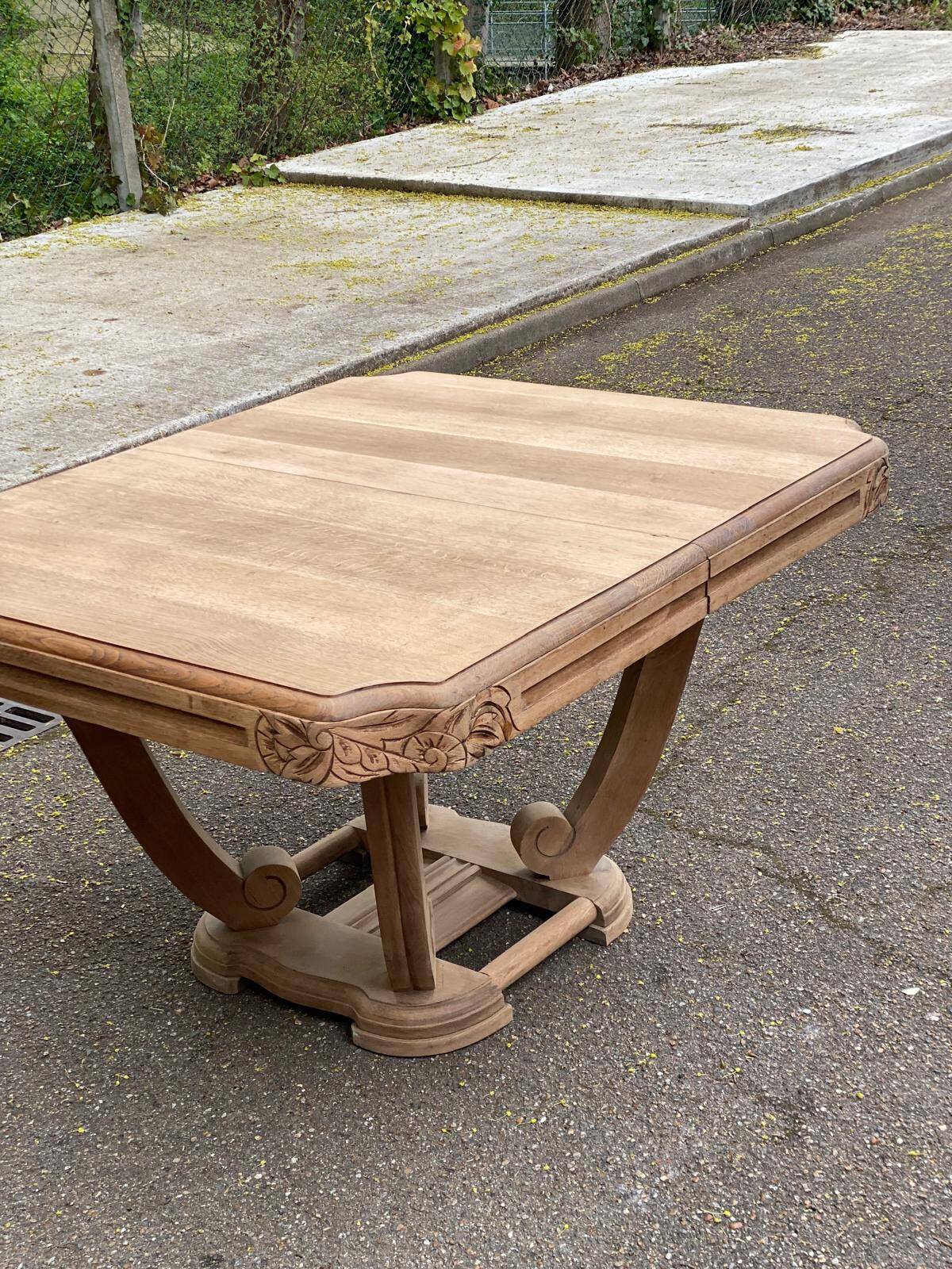 Rectangular Art Deco dining table with a central pedestal, renovated in solid oak.