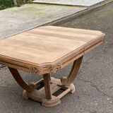 Rectangular Art Deco dining table with a central pedestal, renovated in solid oak.