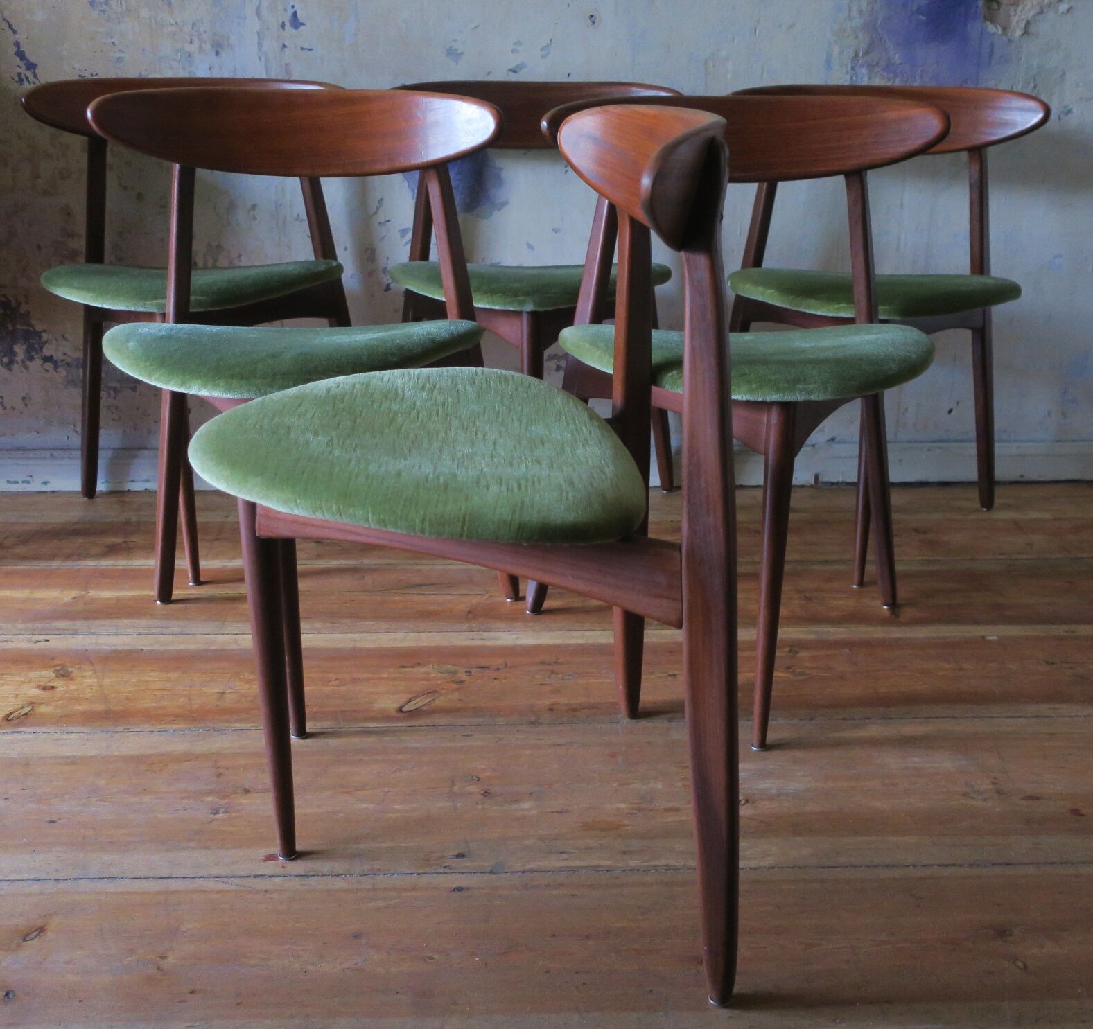 Set of six Danish teak tripod dining chairs, 1960