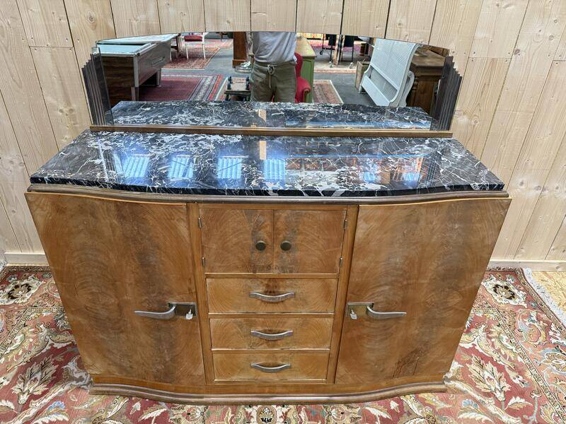 Buffet bas époque Art déco en bois et marbre avec miroir