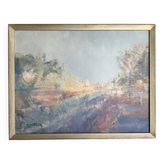 Vintage abstract landscape oil painting by Lars Falk, Sweden