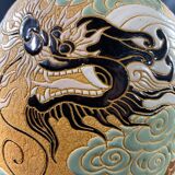 Très grande lampe au dragon sur fond jaune en grès bien hoa vietnam