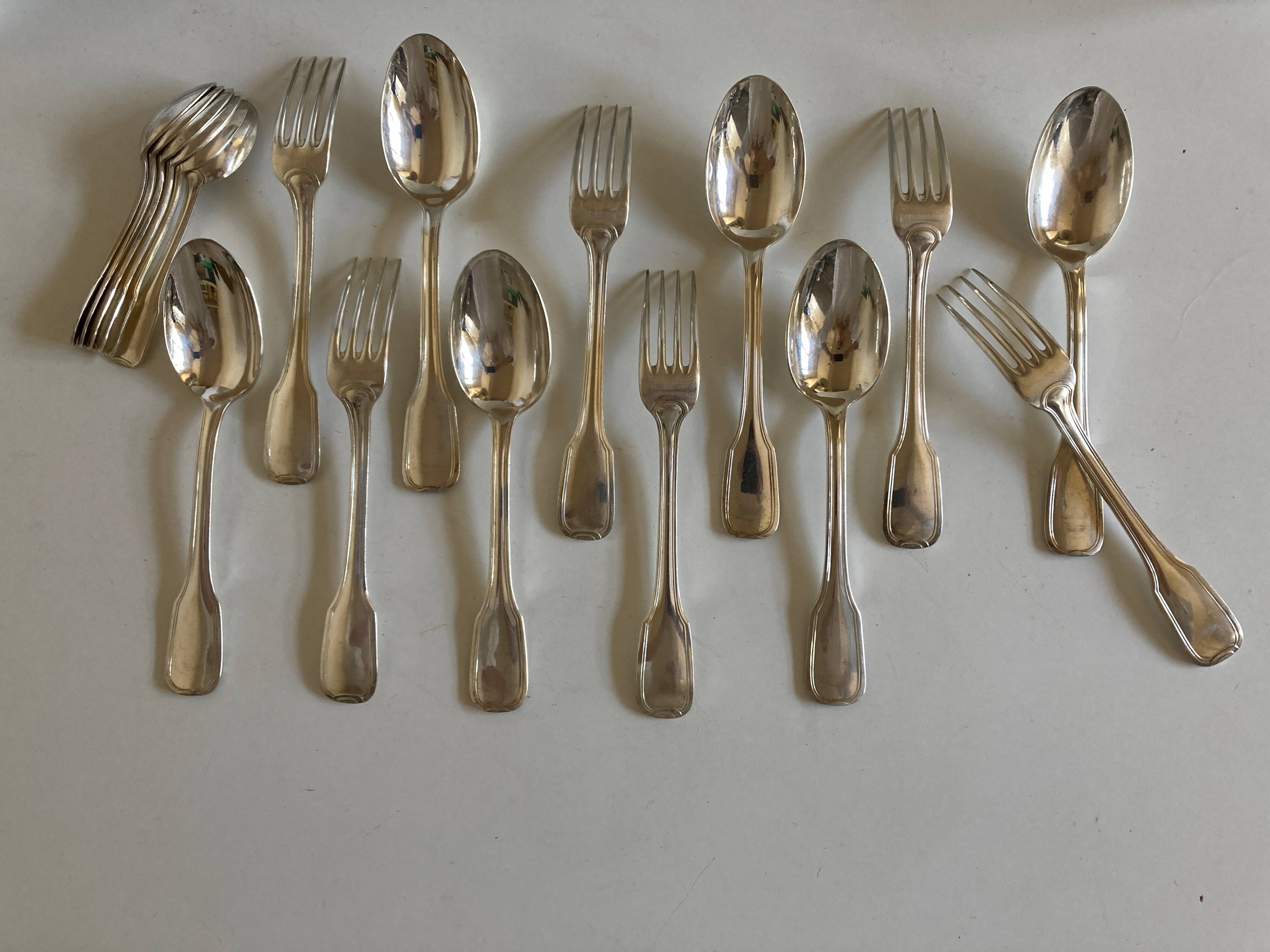 Set of 6 forks, 6 spoons, 6 small modernist spoons in silver metal