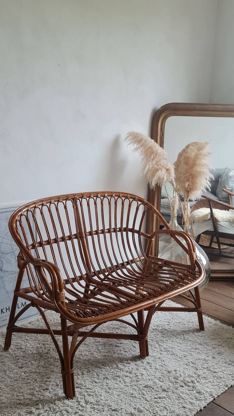 Vintage 1970s rattan bench