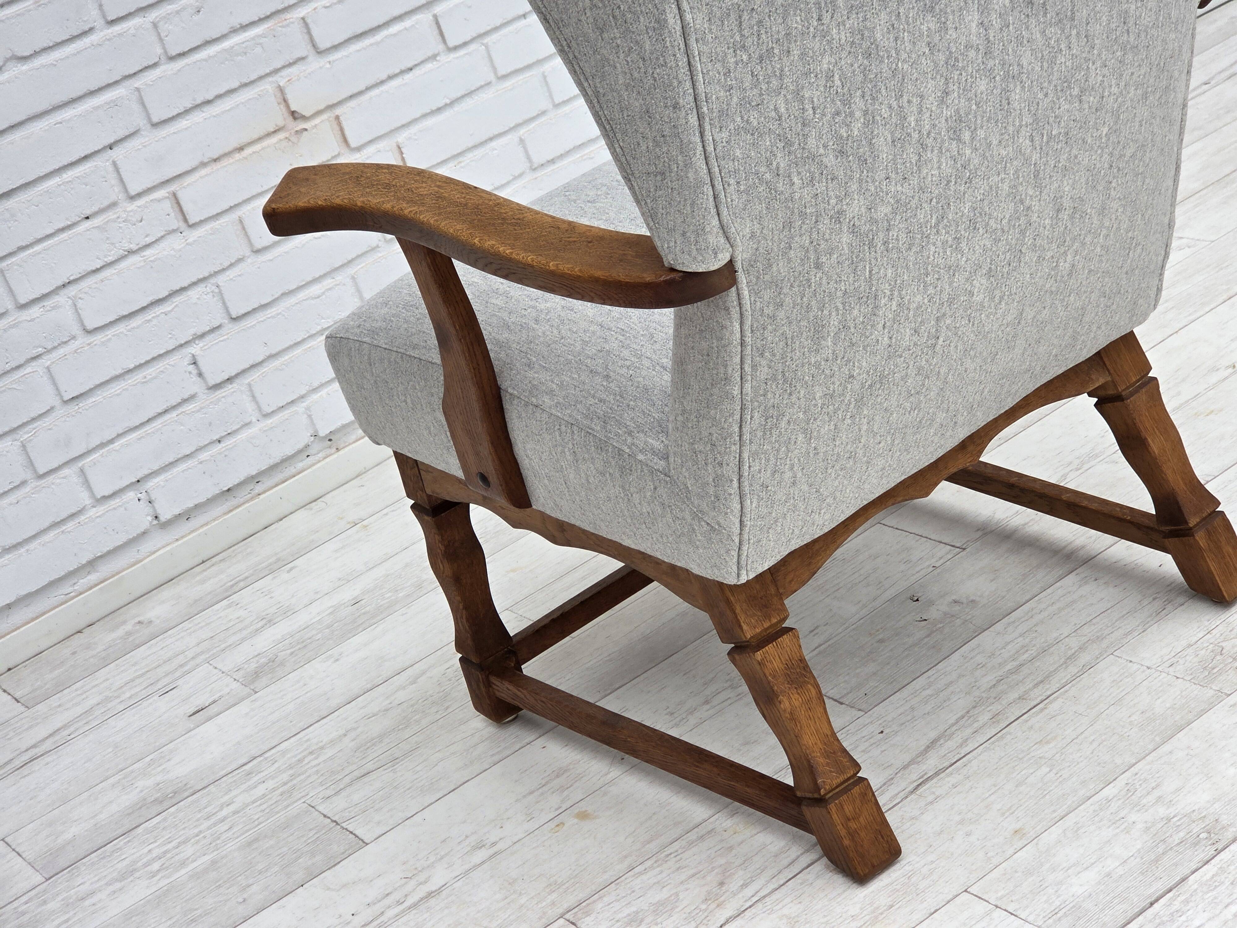 1950s, Danish high-backed armchair, reupholstered, wool, oak wood.
