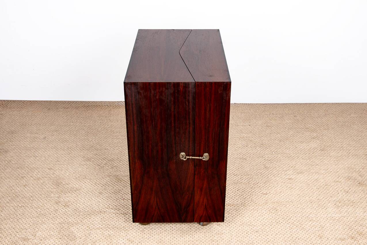 Danish bar cabinet on wheels in rosewood and brass by Jorgen Clausen