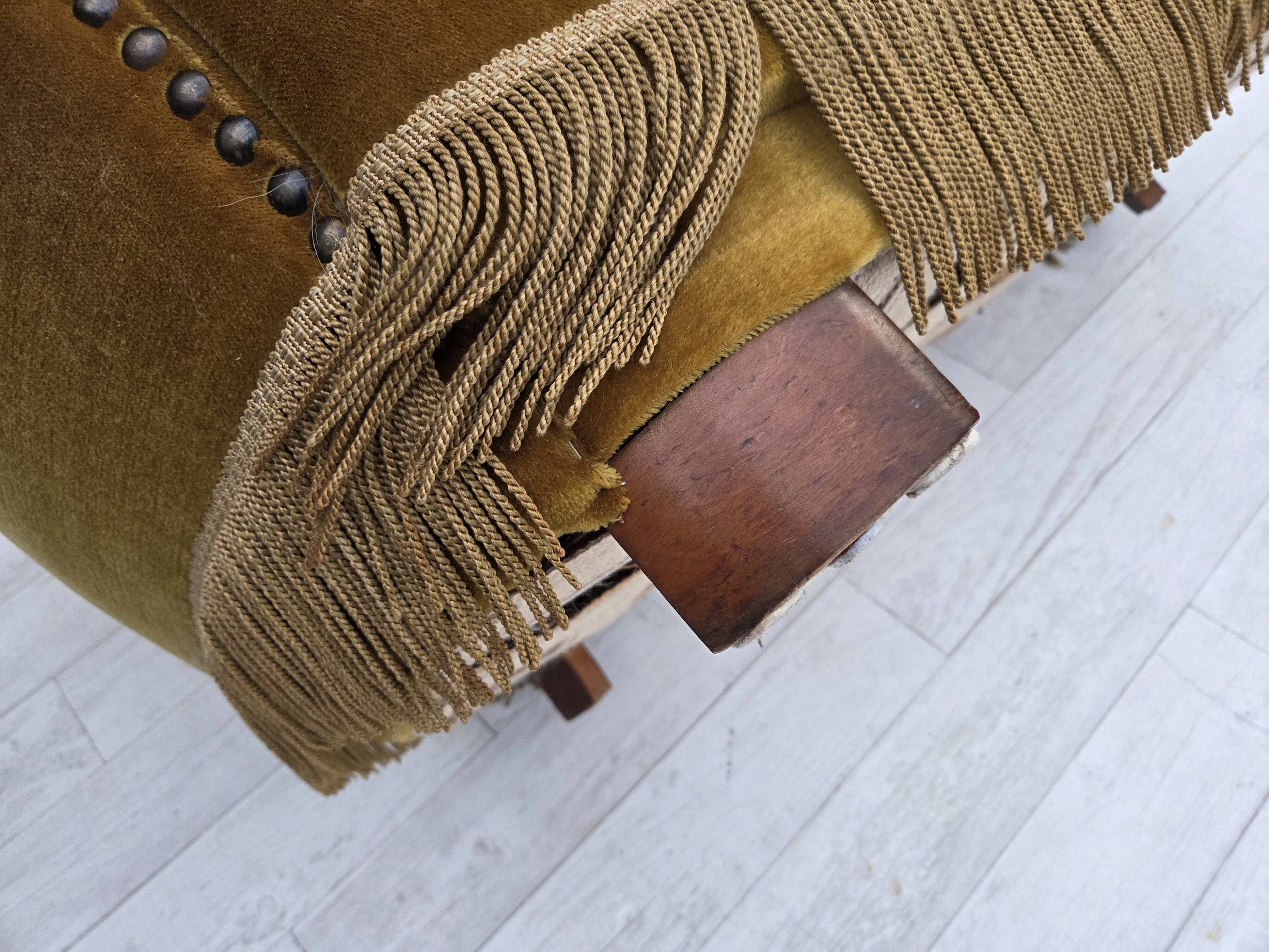 1960s, Danish 2-seater "Banan" sofa, green furniture velour, oak wood.