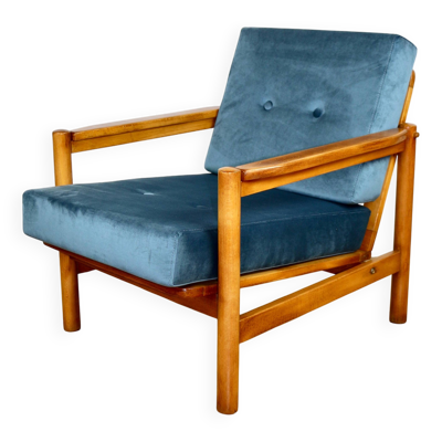 Fauteuil vintage en bois marron et bleu mer design par Z. Bączyk - bois clair