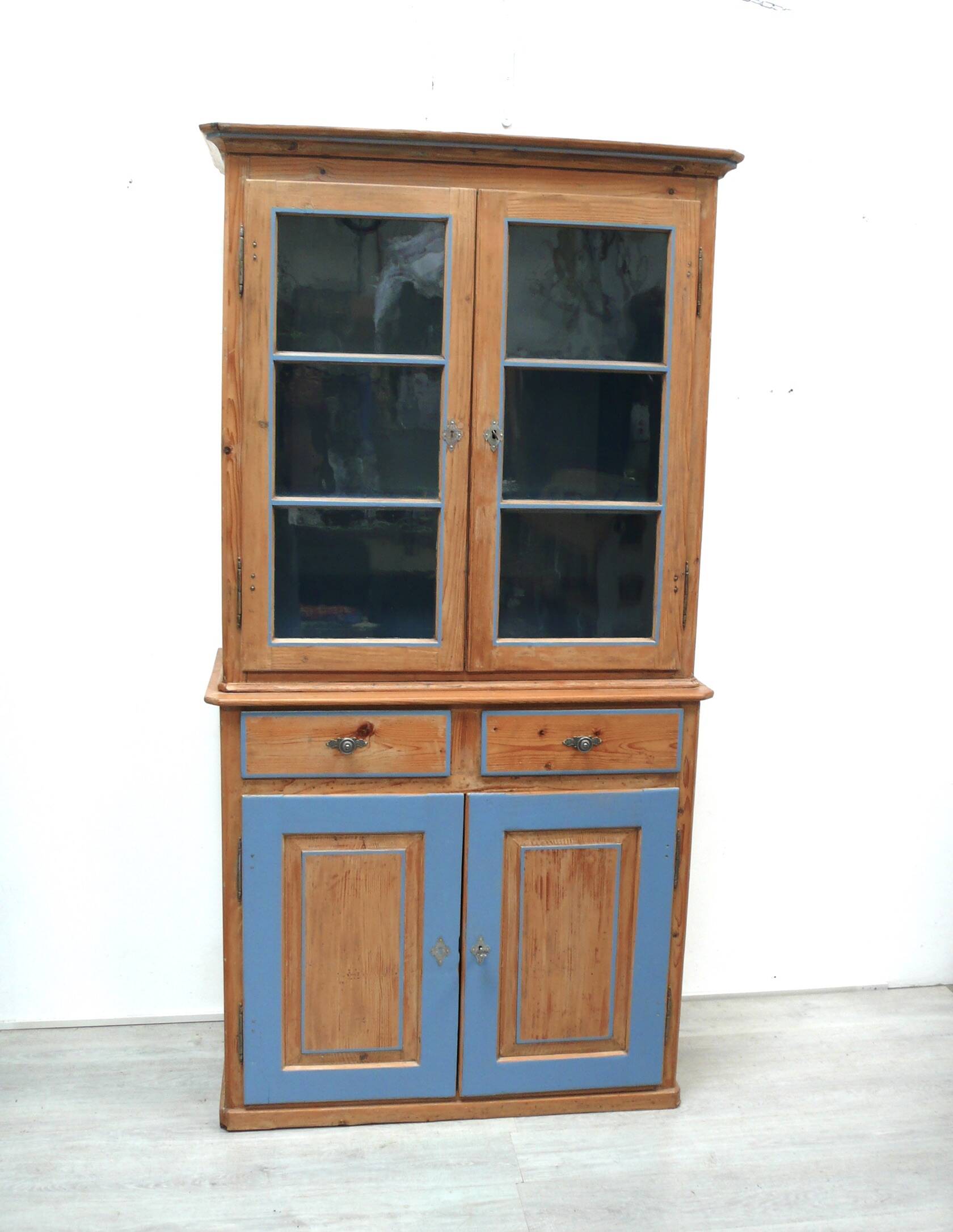 Antique softwood buffet in natural + blue, Gründerzeit style