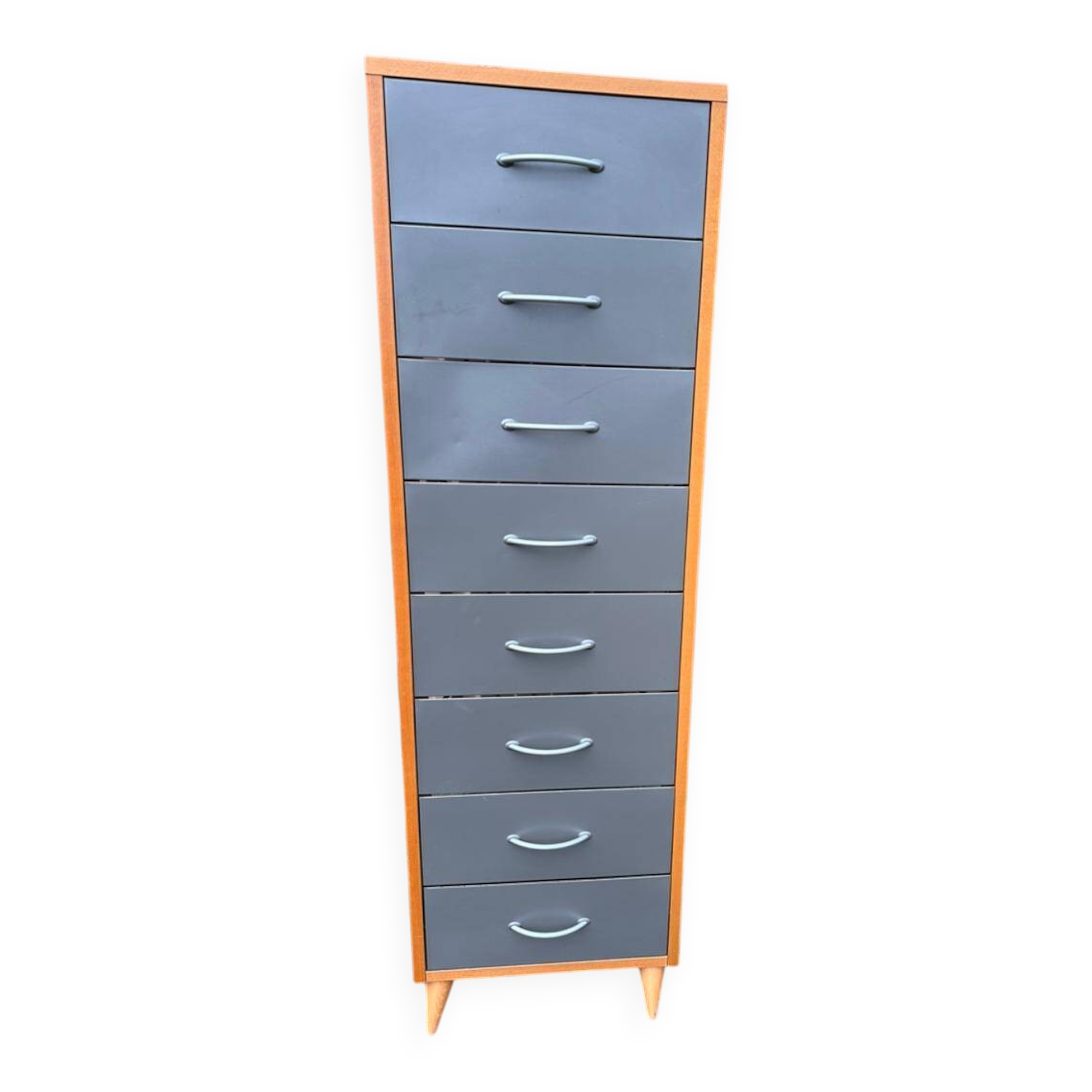 Scandinavian shoe storage cabinet in grey wood and metal.