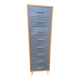 Scandinavian shoe storage cabinet in grey wood and metal.