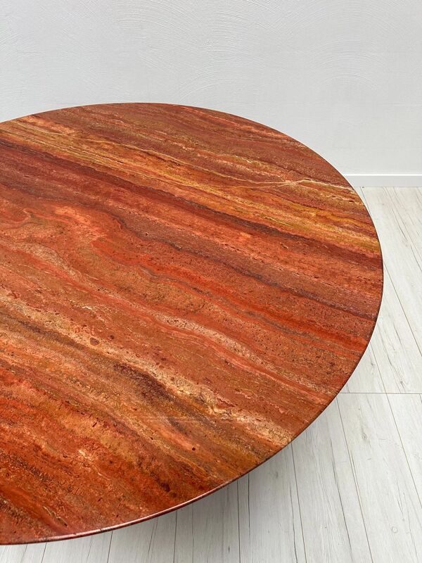 Table à manger ronde en travertin rouge extra large vintage des années 1970