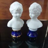 Pair of children's busts in blue lapis lazuli biscuit