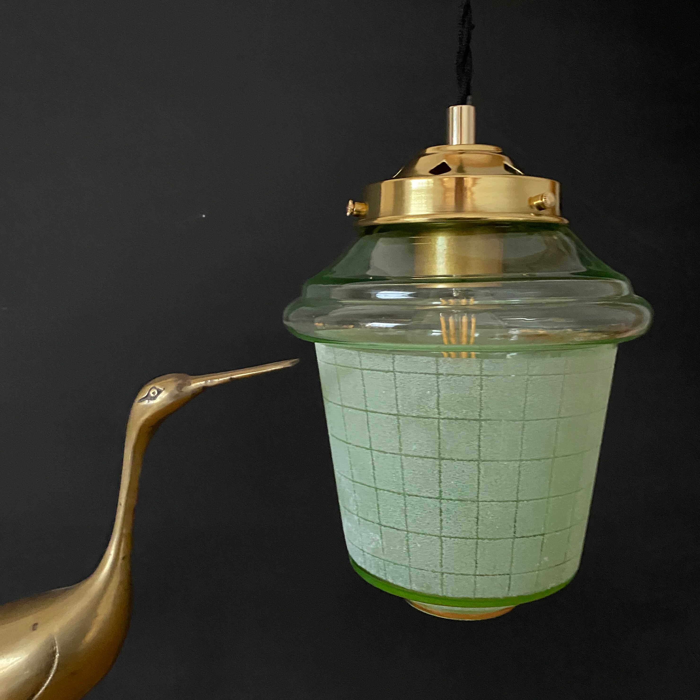Vintage art deco globe pendant lamp in green granite green and gold