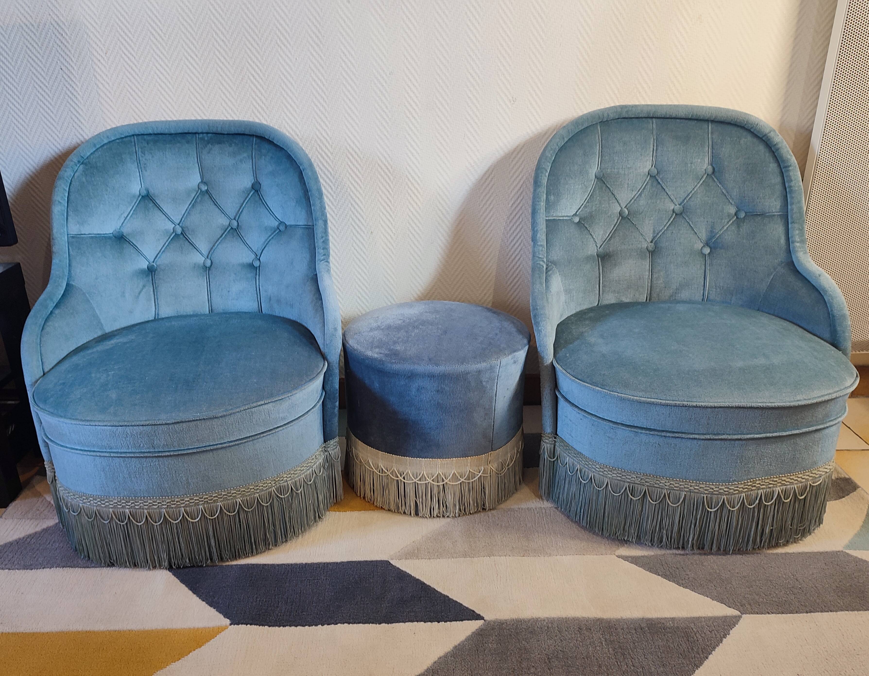 Pair of Crapaud armchairs and a vintage blue velvet pouf