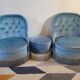 Pair of Crapaud armchairs and a vintage blue velvet pouf