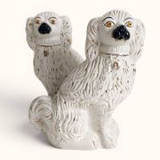 Pair of King Charles Spaniel dogs in Staffordshire majolica style.