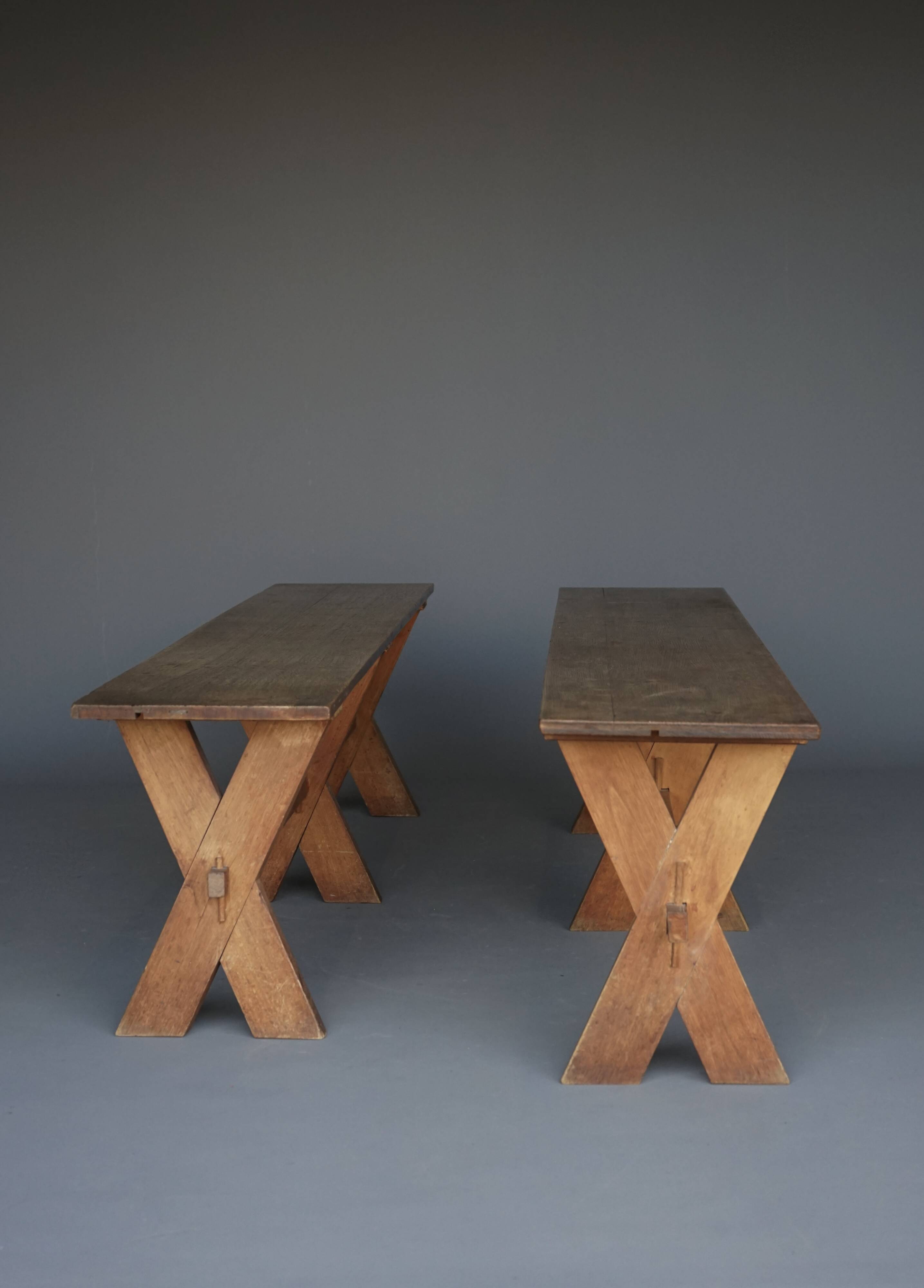 Pair of rustic cherry & oak wood Farmhouse X-frame benches, 1940s