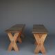 Pair of rustic farmhouse benches made of cherry and oak wood, X-frame structure, 1940s.