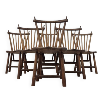 Set 6 vintage dutch spindle back rustic dining chairs De Ster