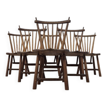 Set of 6 rustic vintage Dutch dining chairs with spindle back by De Ster.