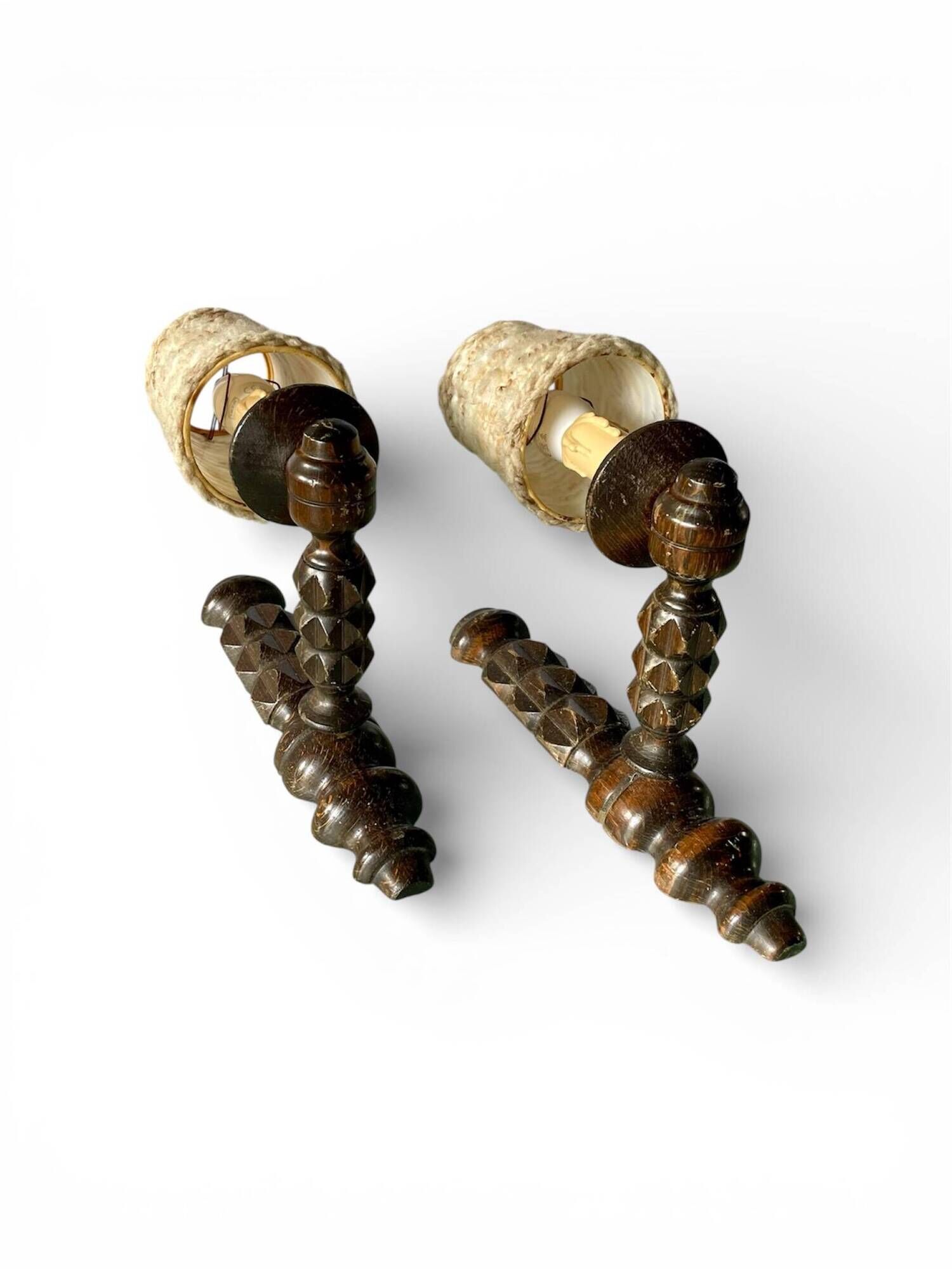 Pair of turned wooden wall lights, France 1940