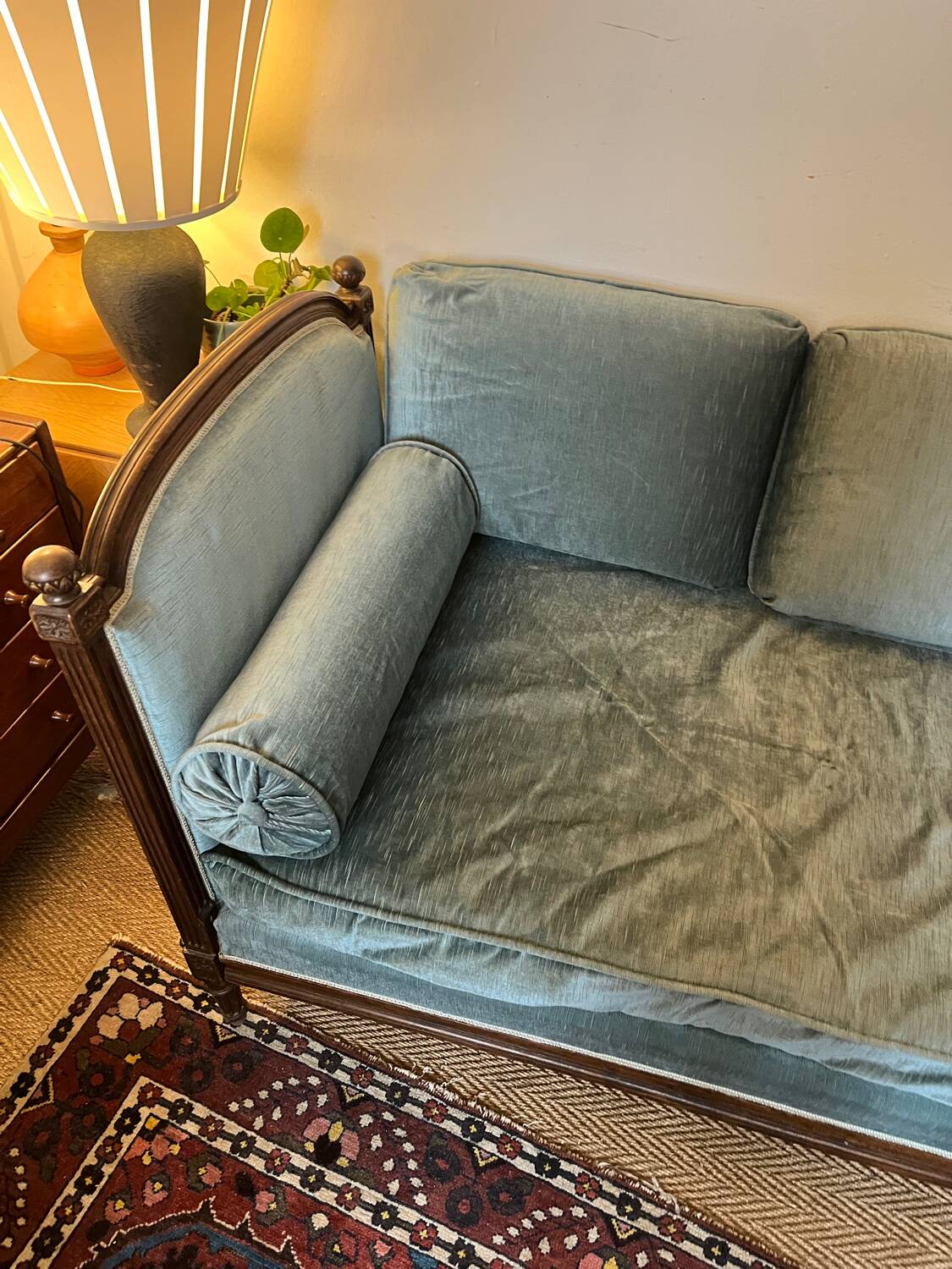 Vintage Louis XVI style blue velvet sofa