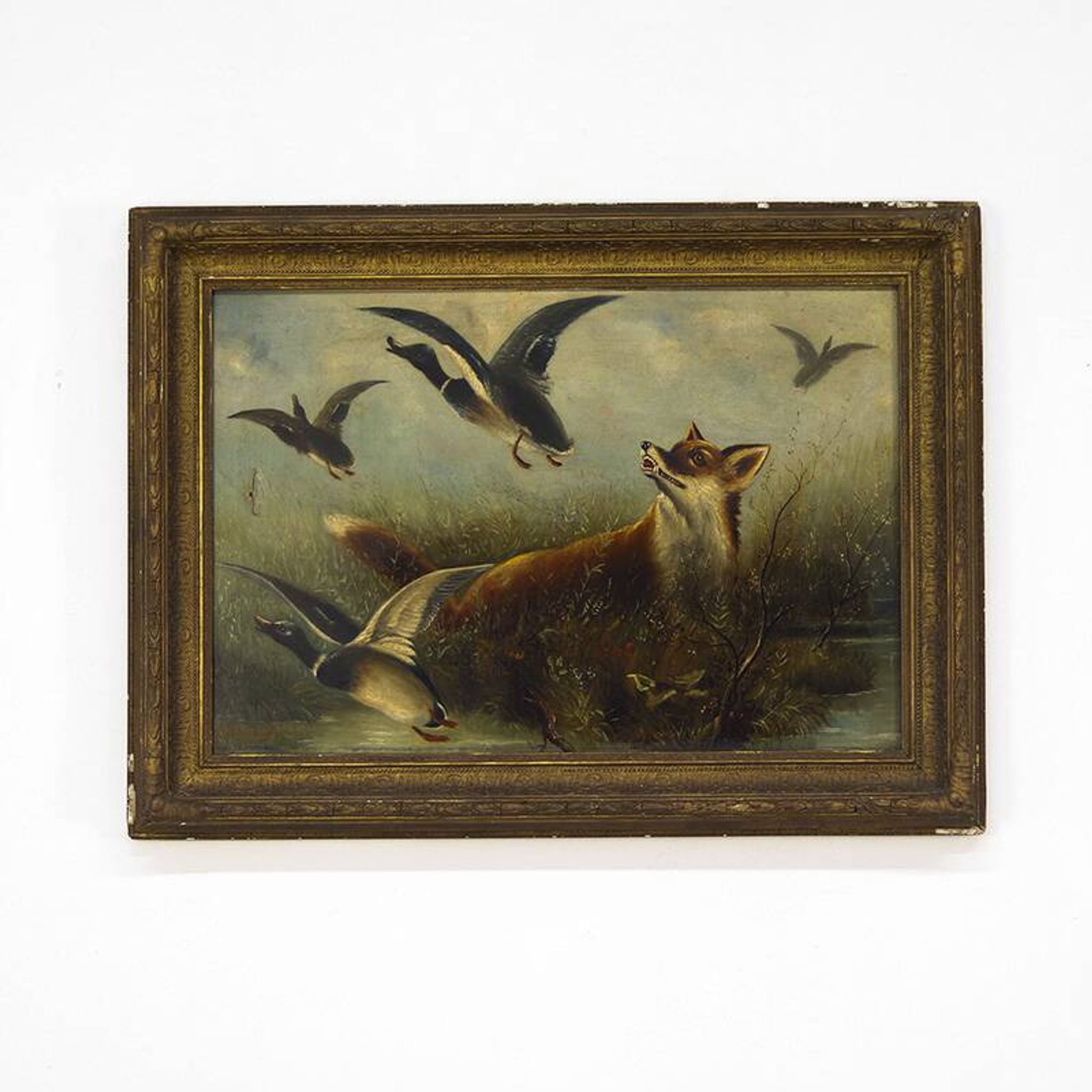 Peinture anglaise antique décorative de renard et canards